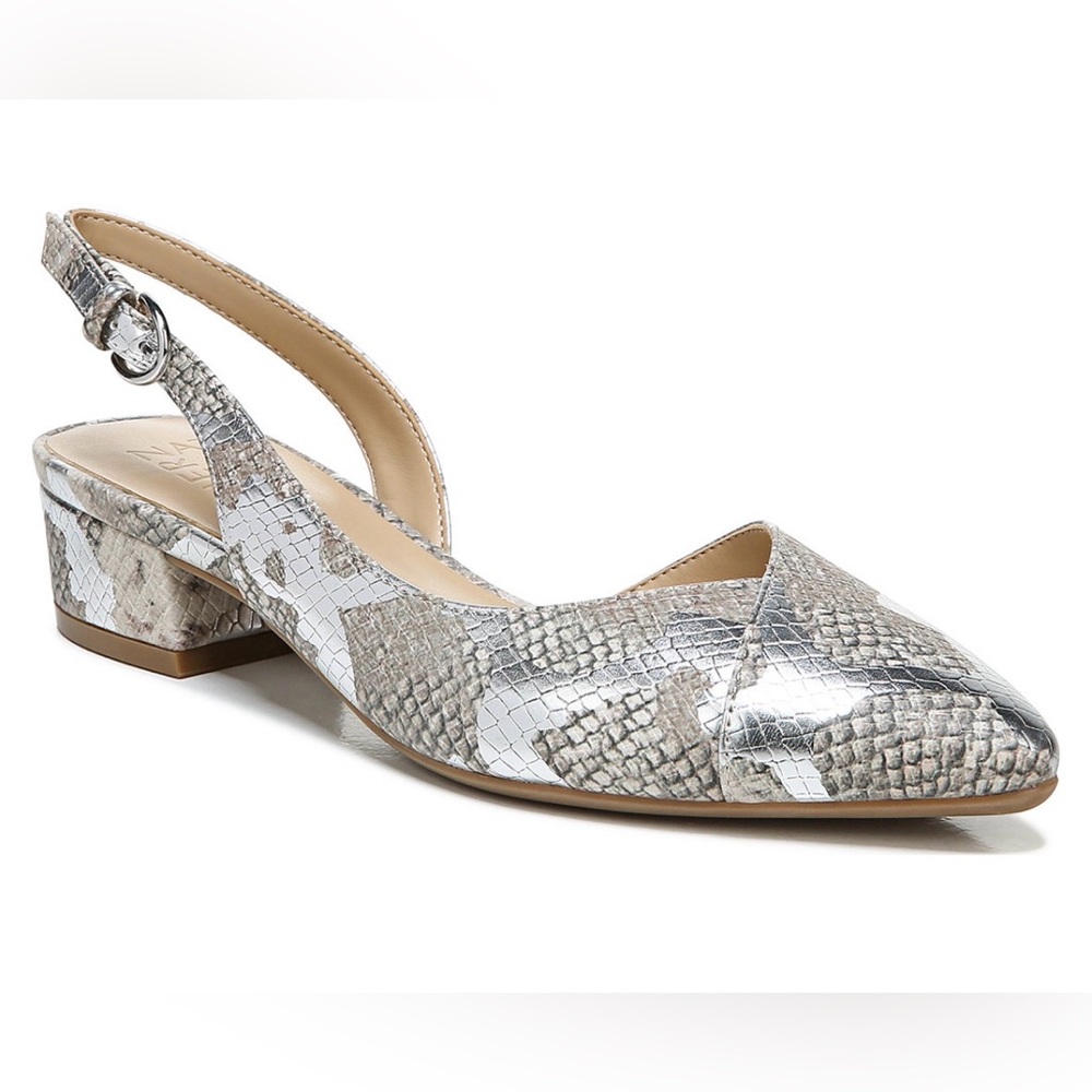 Naturalizer Frisco Snakeskin Silver Pointed Toe Slingback Flats 8.5